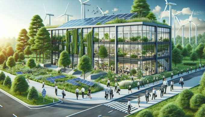 Blühendes Bürogebäude, nachhaltig, belebt, digitalisiert
